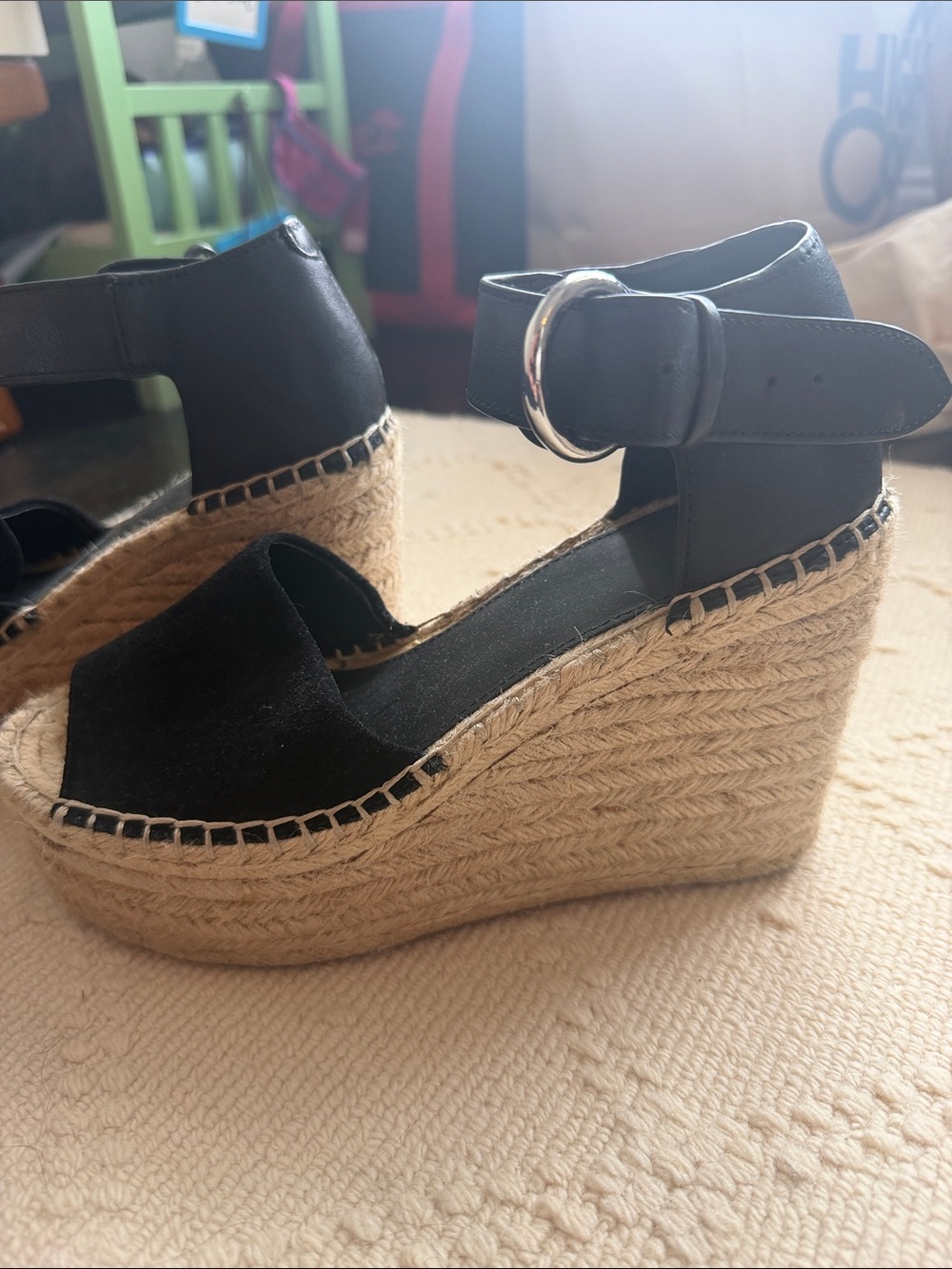 Marc Fisher LTD Black Espadrille Wedge Sandals with Ankle Strap